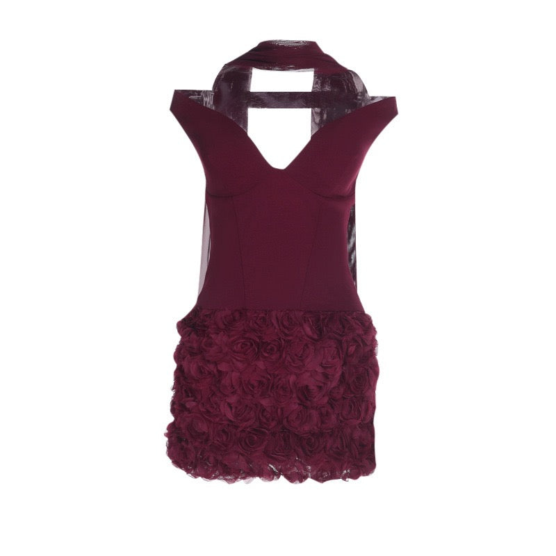 Off-shoulder mini dress with 3D floral design, decorated with a scarf - DAPHANY
