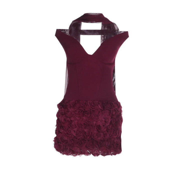 Off-shoulder mini dress with 3D floral design, decorated with a scarf - DAPHANY