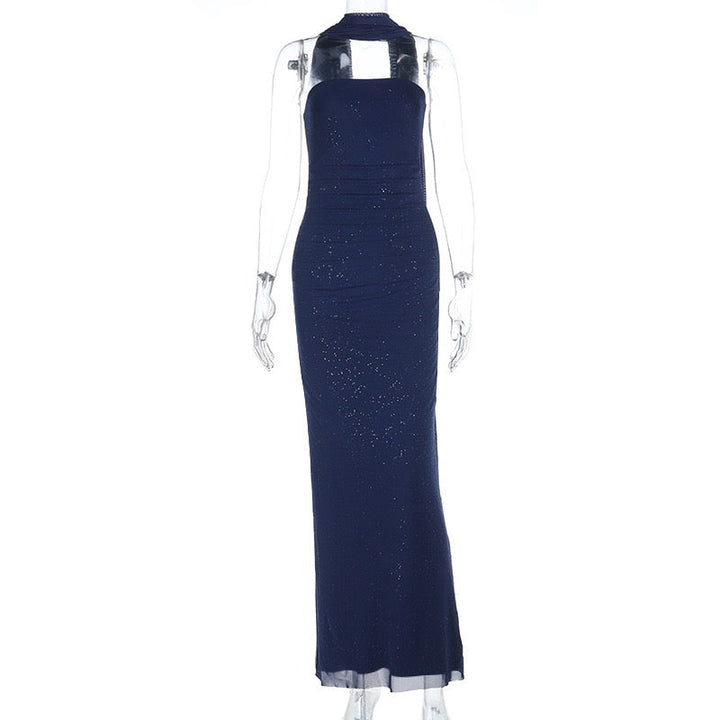 Maxi strapless sequin dress decorated with matching scarf - Miamor