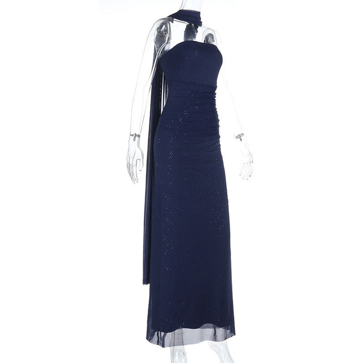 Maxi strapless sequin dress decorated with matching scarf - Miamor