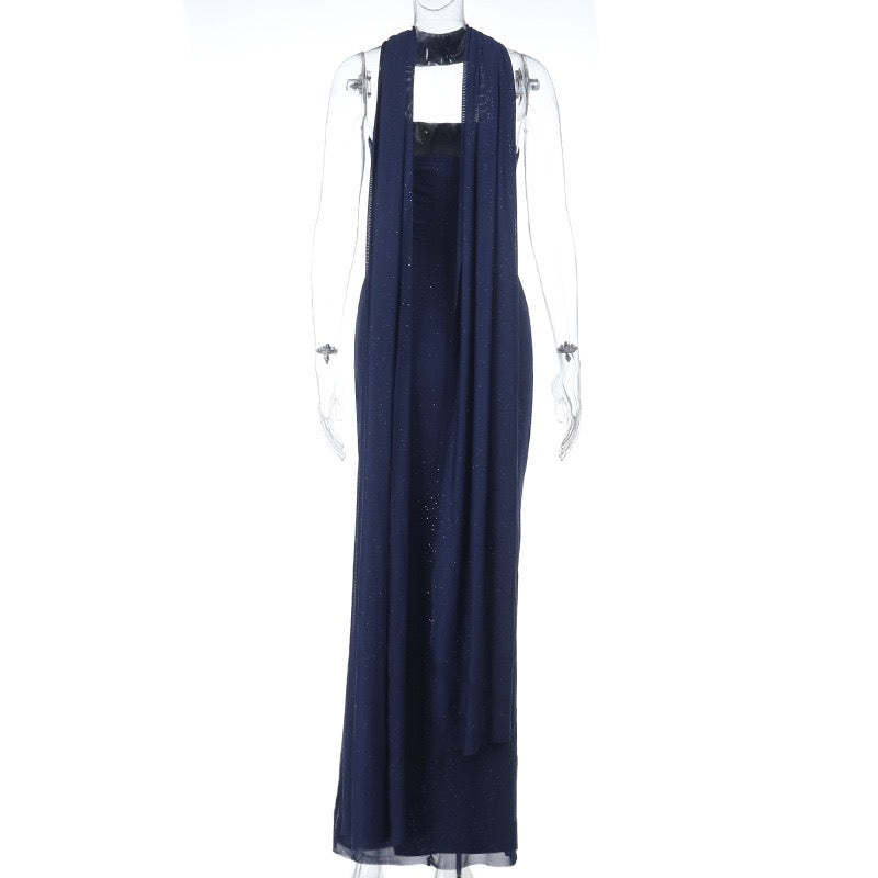 Maxi strapless sequin dress decorated with matching scarf - Miamor