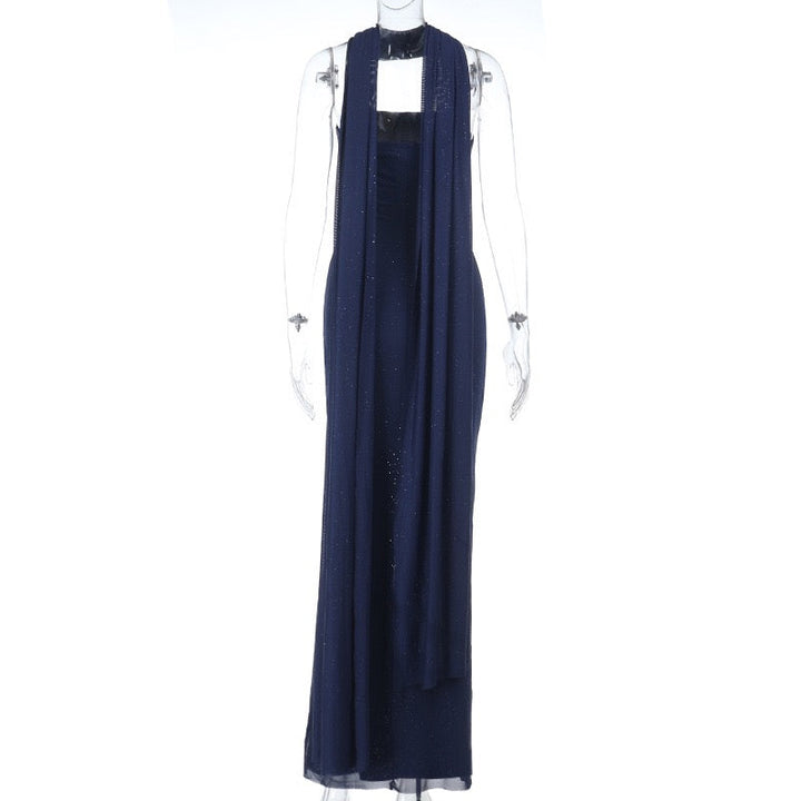 Maxi strapless sequin dress decorated with matching scarf - Miamor