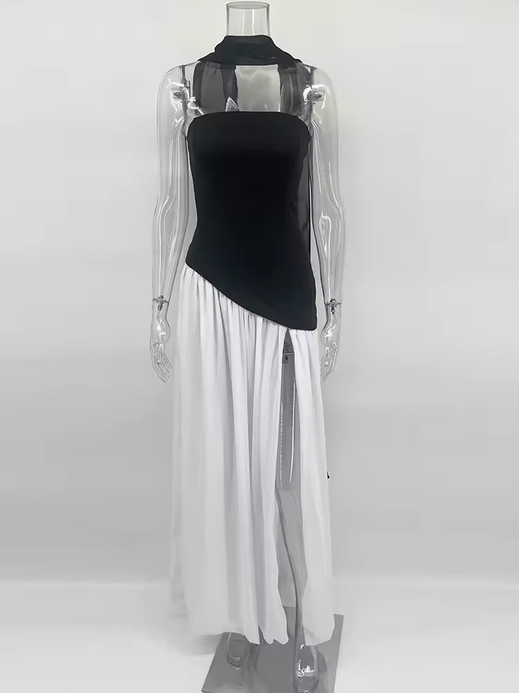 Strapless Maxi Dress with Chiffon Bottom, Slit Design, and Matching Scarf Detail - Princess