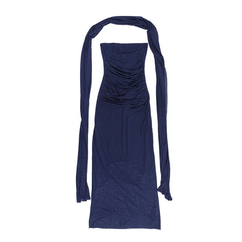 Maxi strapless sequin dress decorated with matching scarf - Miamor