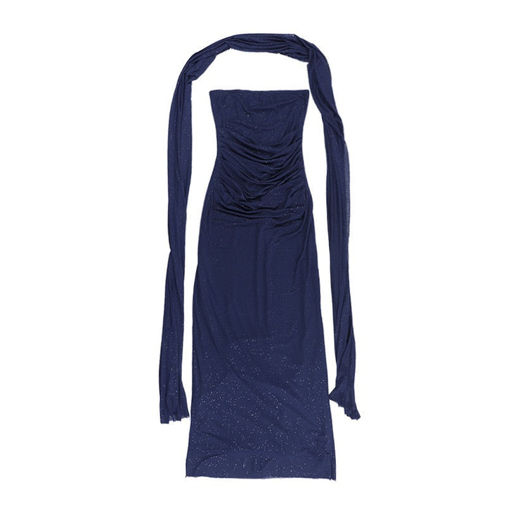 Maxi strapless sequin dress decorated with matching scarf - Miamor