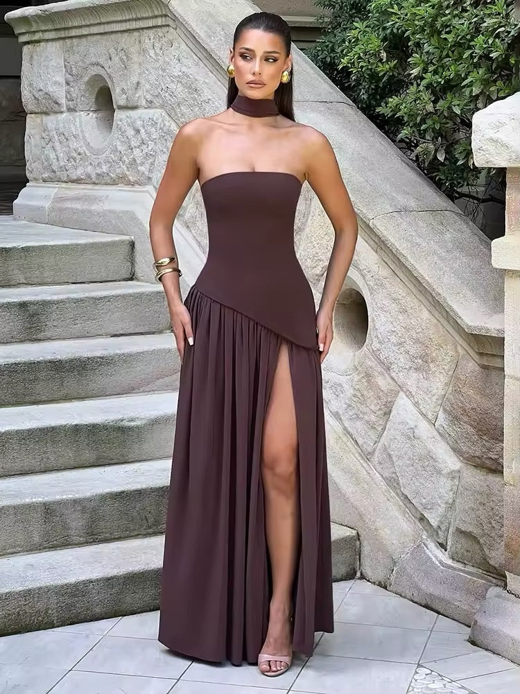 Strapless Maxi Dress with Chiffon Bottom, Slit Design, and Matching Scarf Detail - Princess