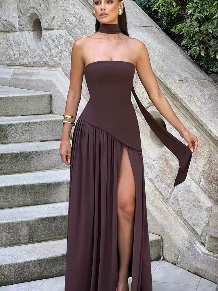 Strapless Maxi Dress with Chiffon Bottom, Slit Design, and Matching Scarf Detail - Princess