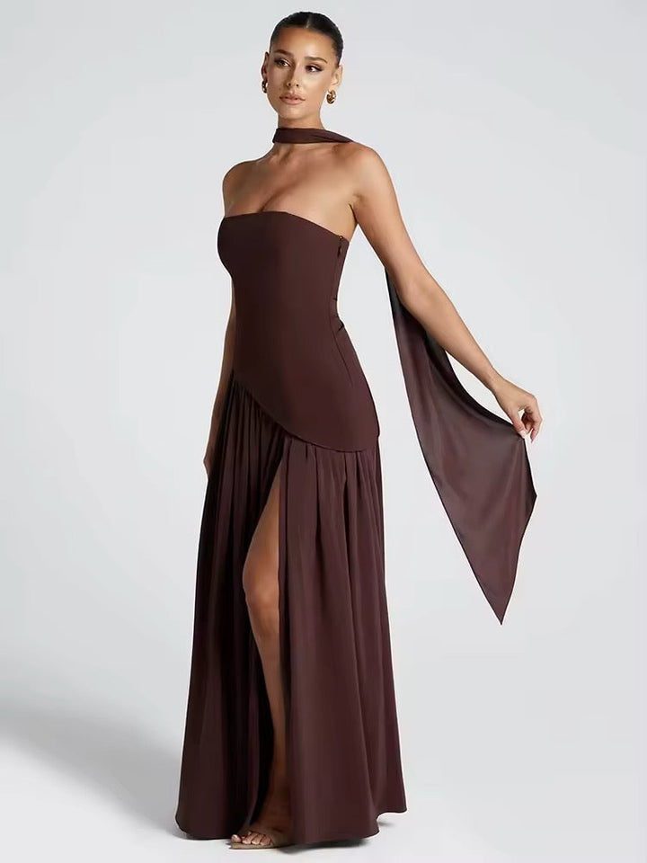 Strapless Maxi Dress with Chiffon Bottom, Slit Design, and Matching Scarf Detail - Princess
