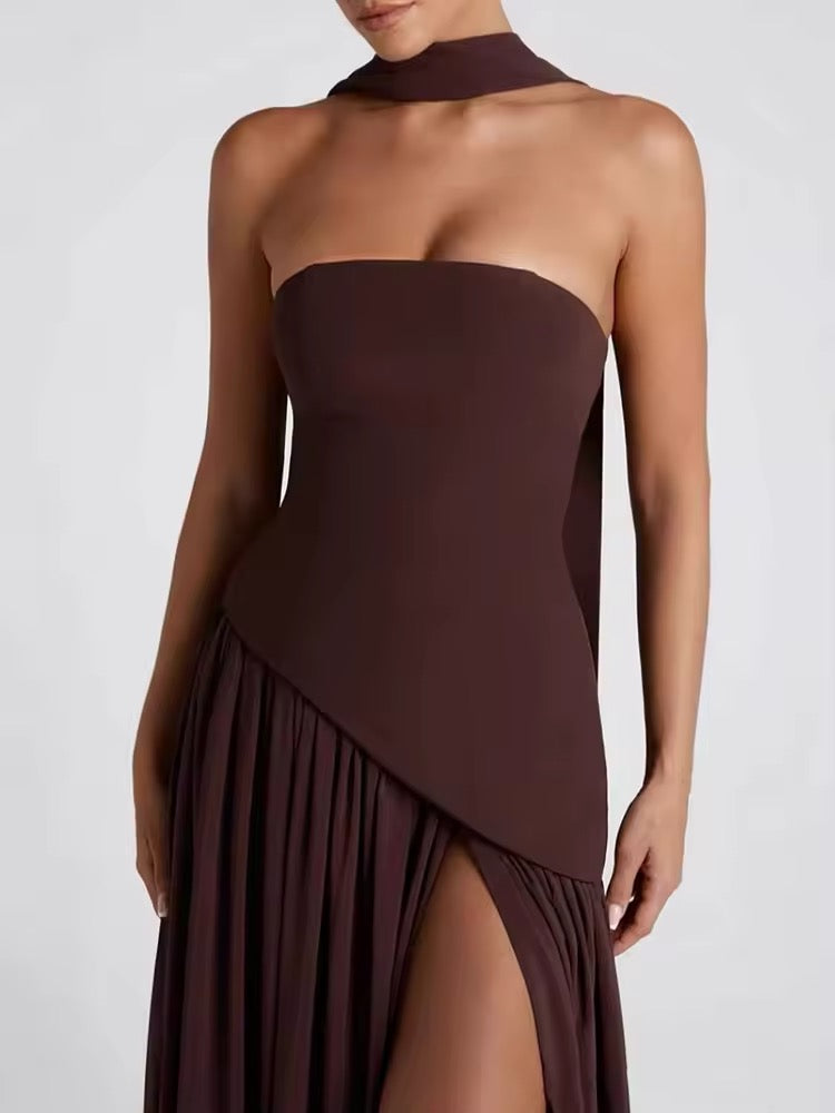Strapless Maxi Dress with Chiffon Bottom, Slit Design, and Matching Scarf Detail - Princess