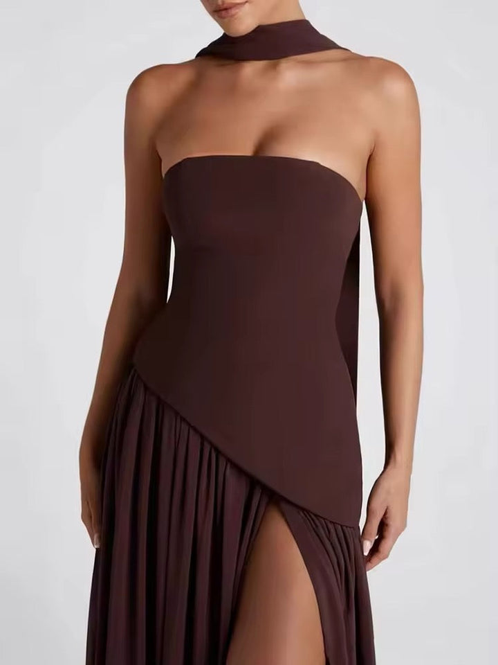 Strapless Maxi Dress with Chiffon Bottom, Slit Design, and Matching Scarf Detail - Princess