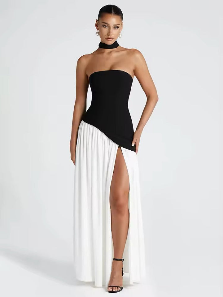 Maxi Strapless Dress with Back Tie, Chiffon Skirt, Slit, and Matching Scarf - Zora