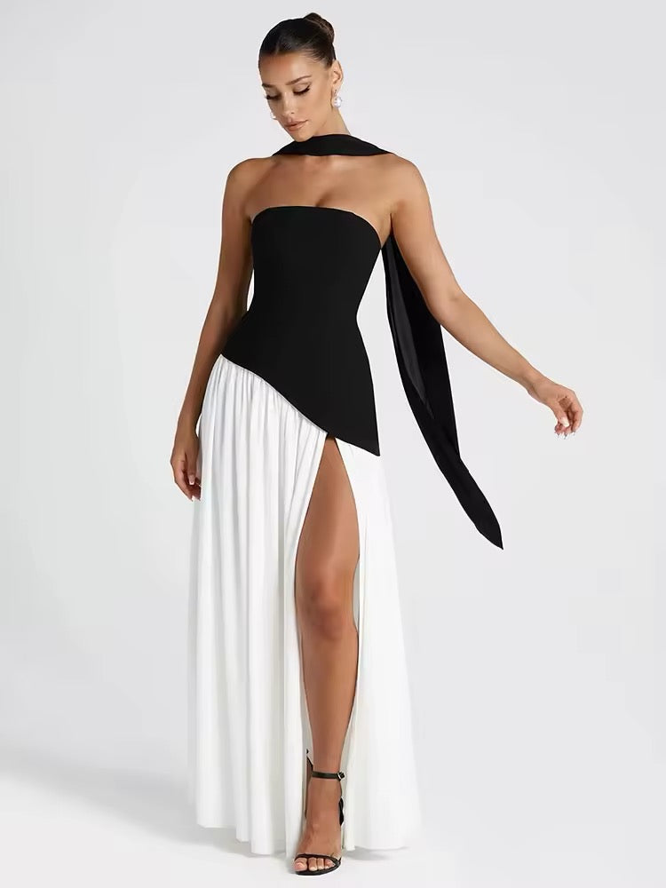 Strapless Maxi Dress with Chiffon Bottom, Slit Design, and Matching Scarf Detail - Princess