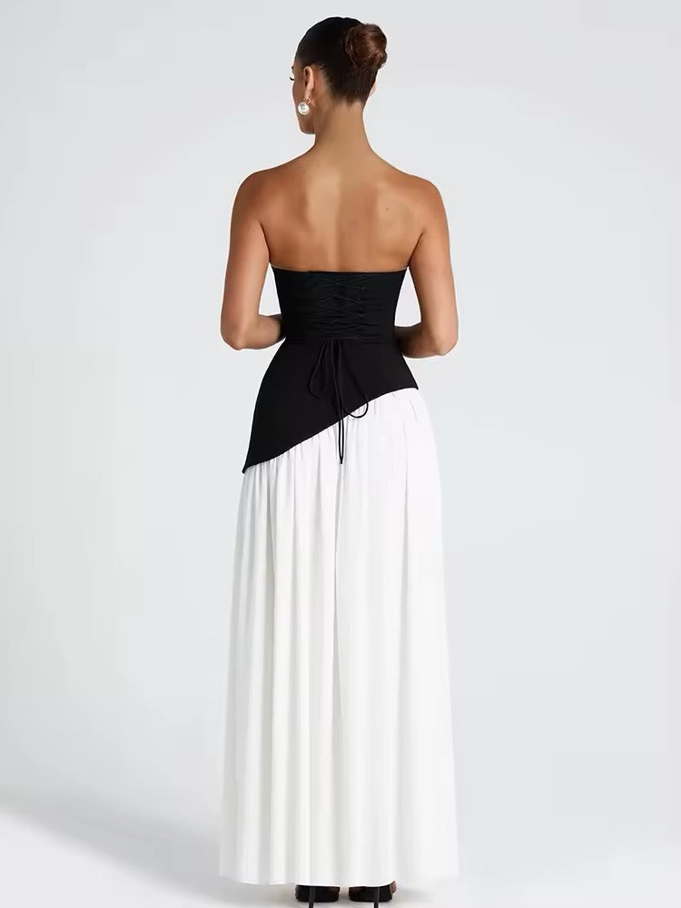 Strapless Maxi Dress with Chiffon Bottom, Slit Design, and Matching Scarf Detail - Princess