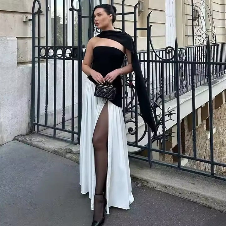 Strapless Maxi Dress with Chiffon Bottom, Slit Design, and Matching Scarf Detail - Princess