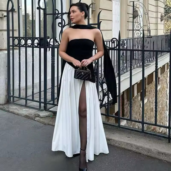 Maxi Strapless Dress with Back Tie, Chiffon Skirt, Slit, and Matching Scarf - Zora