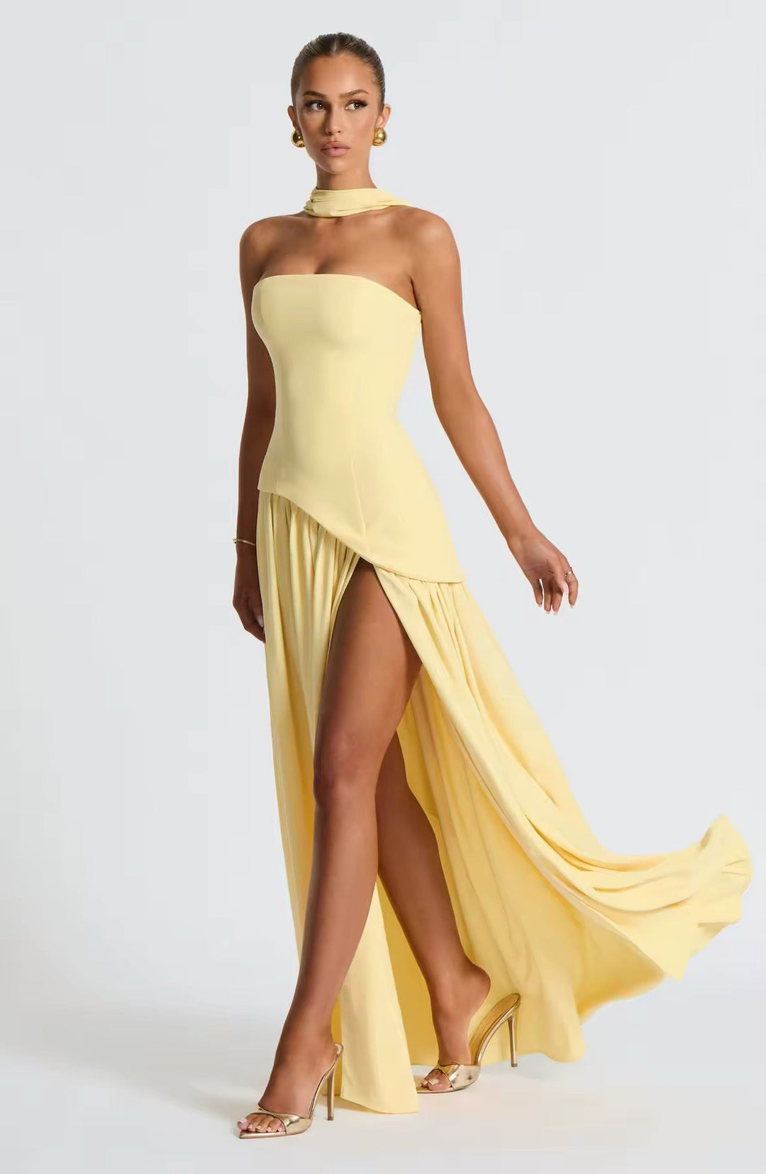 Strapless Maxi Dress with Chiffon Bottom, Slit Design, and Matching Scarf Detail - Princess