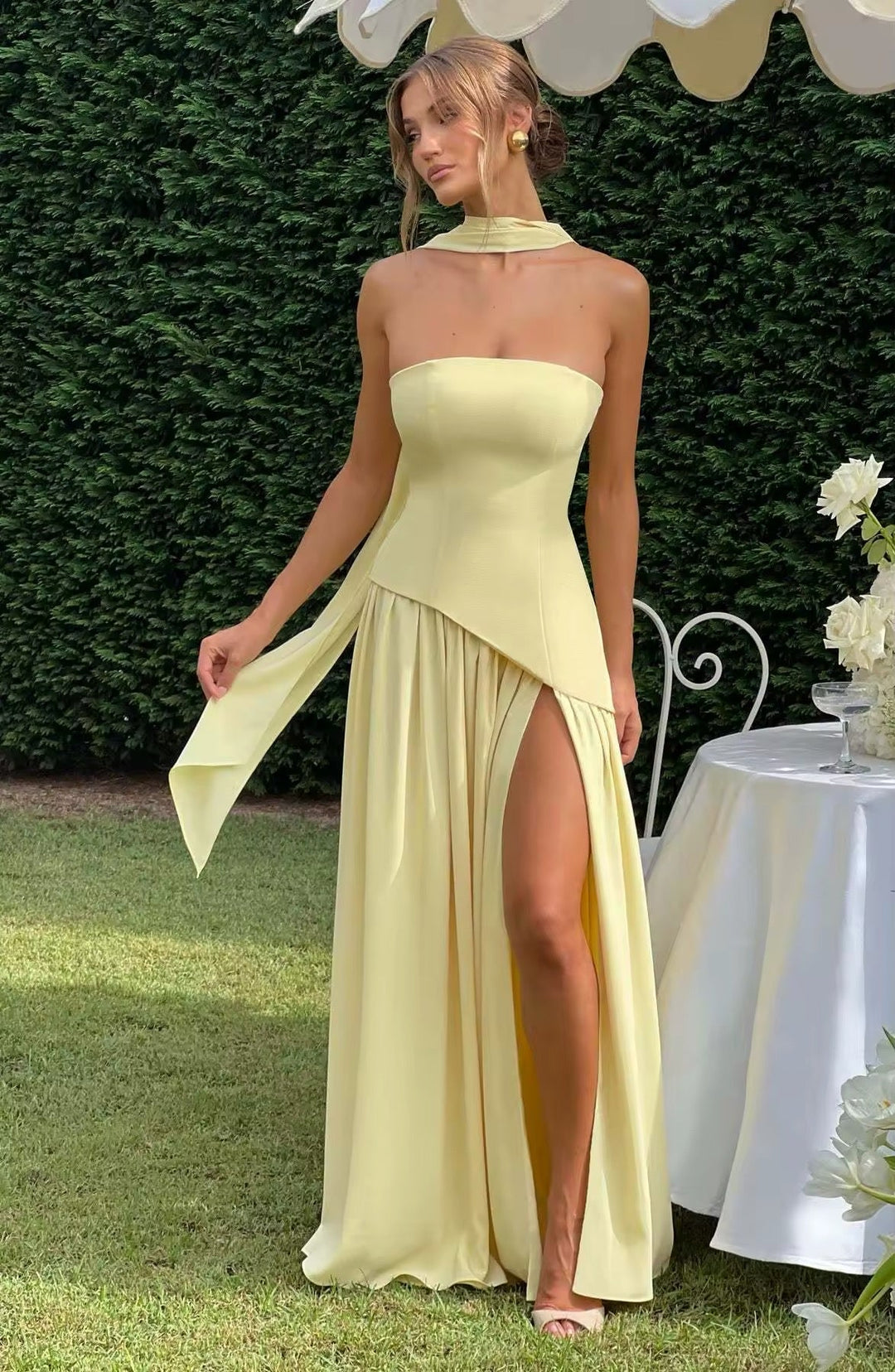 Strapless Maxi Dress with Chiffon Bottom, Slit Design, and Matching Scarf Detail - Princess