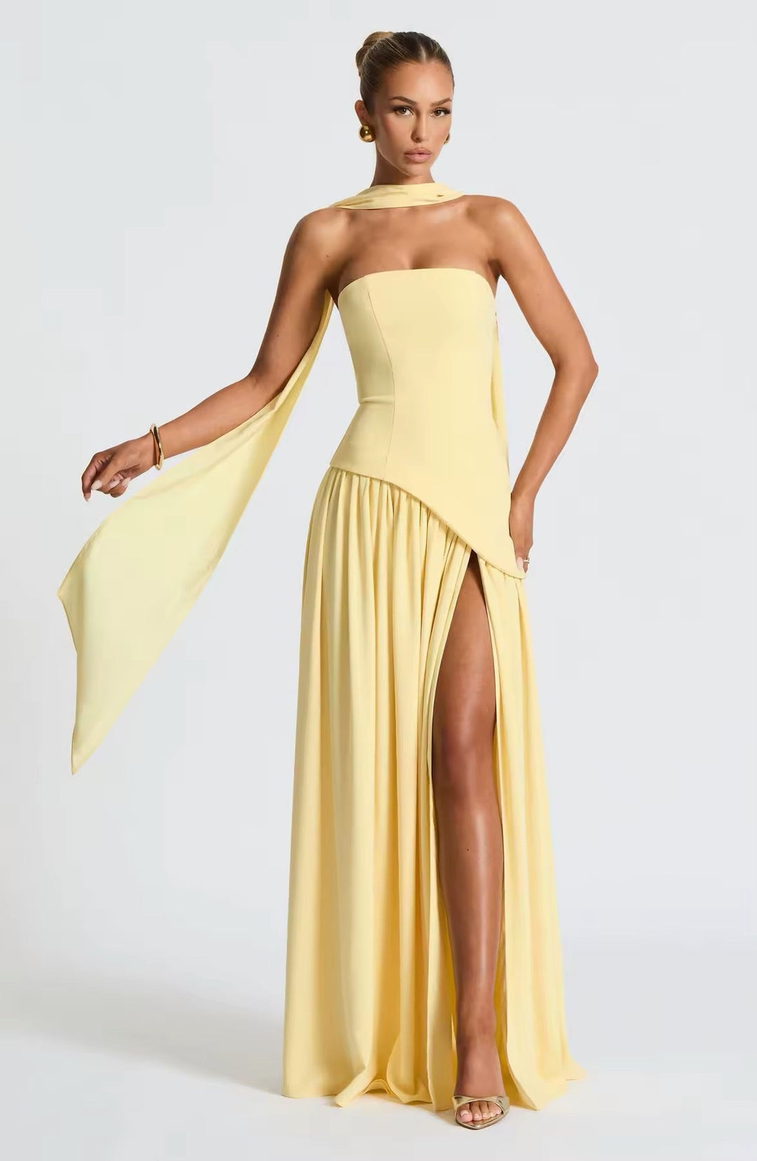 Maxi Strapless Dress with Back Tie, Chiffon Skirt, Slit, and Matching Scarf - Zora