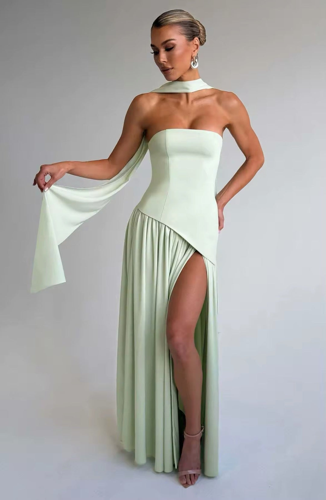 Maxi Strapless Dress with Back Tie, Chiffon Skirt, Slit, and Matching Scarf - Zora