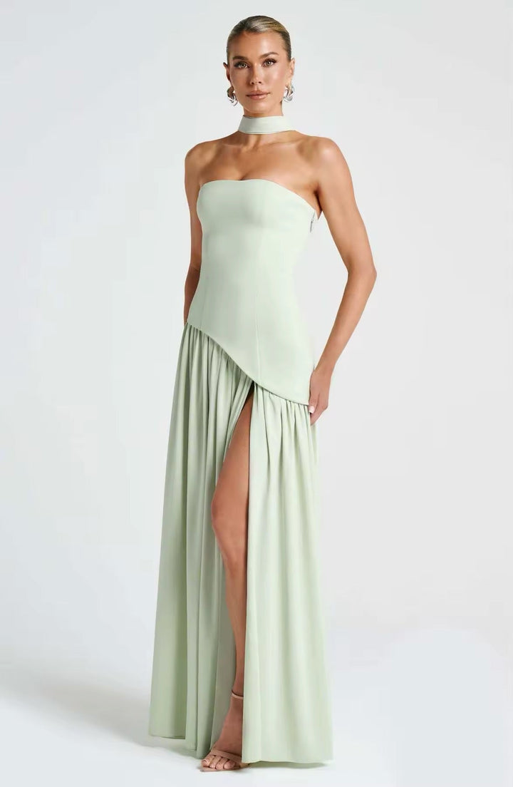 Maxi Strapless Dress with Back Tie, Chiffon Skirt, Slit, and Matching Scarf - Zora