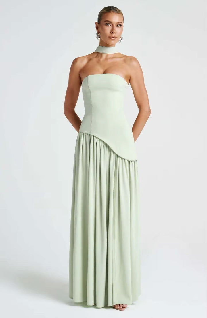 Maxi Strapless Dress with Back Tie, Chiffon Skirt, Slit, and Matching Scarf - Zora