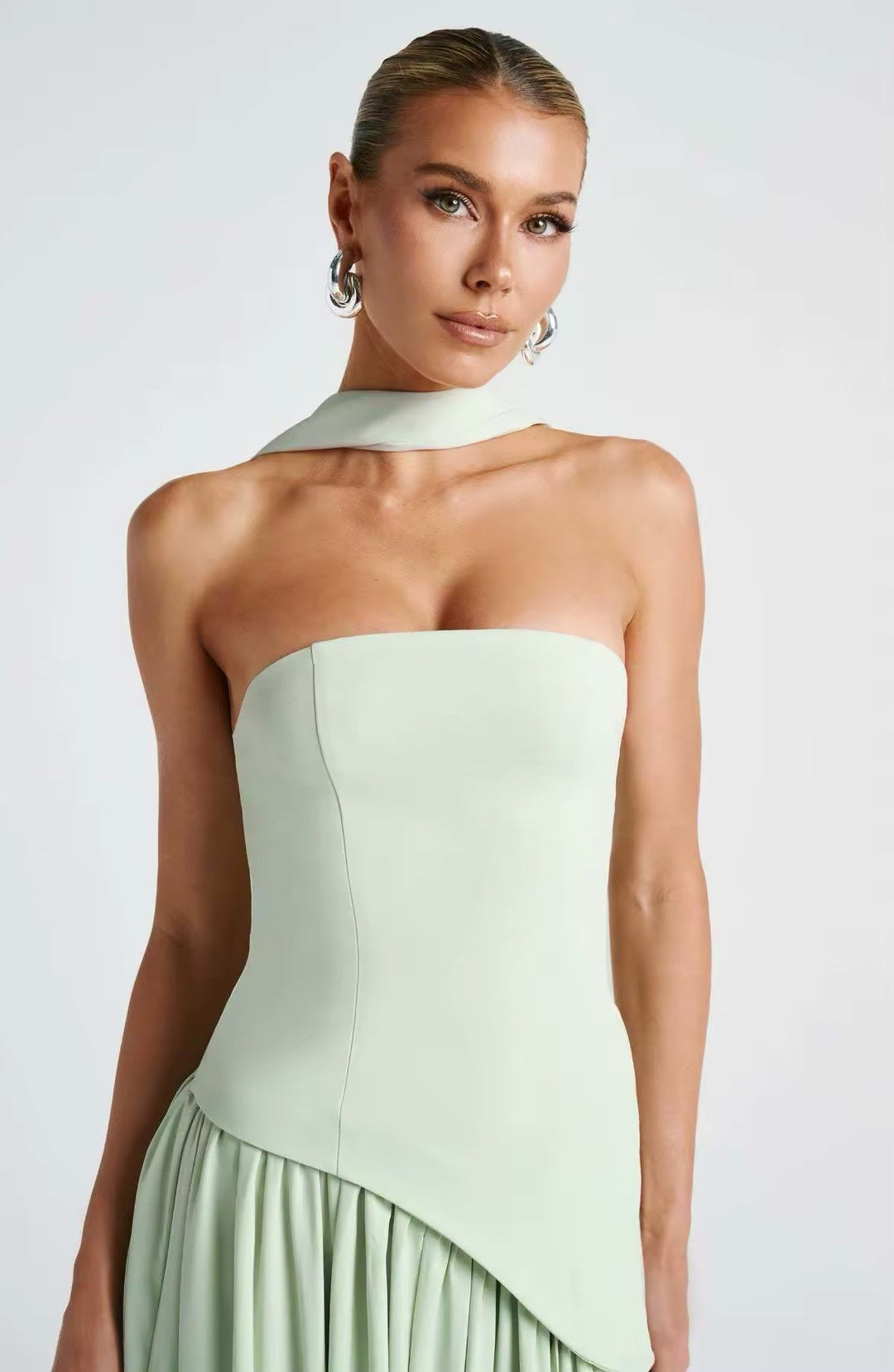 Maxi Strapless Dress with Back Tie, Chiffon Skirt, Slit, and Matching Scarf - Zora