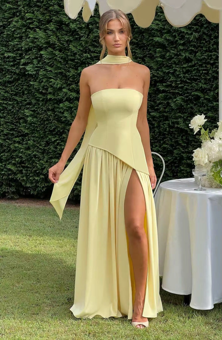 Maxi Strapless Dress with Back Tie, Chiffon Skirt, Slit, and Matching Scarf - Zora