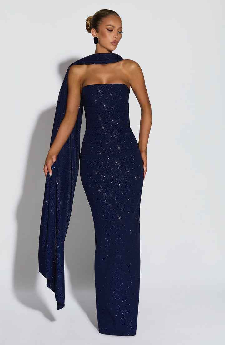 Maxi strapless sequin dress decorated with matching scarf - Miamor