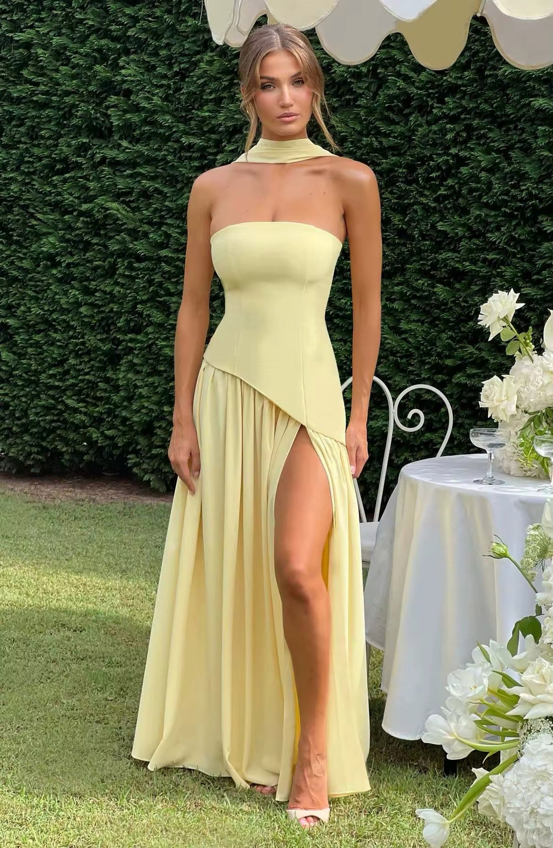 Maxi Strapless Dress with Back Tie, Chiffon Skirt, Slit, and Matching Scarf - Zora