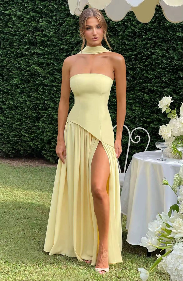 Maxi Strapless Dress with Back Tie, Chiffon Skirt, Slit, and Matching Scarf - Zora