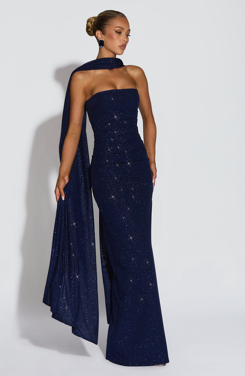 Maxi strapless sequin dress decorated with matching scarf - Miamor