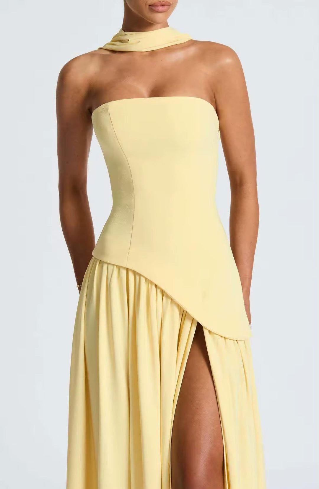 Maxi Strapless Dress with Back Tie, Chiffon Skirt, Slit, and Matching Scarf - Zora