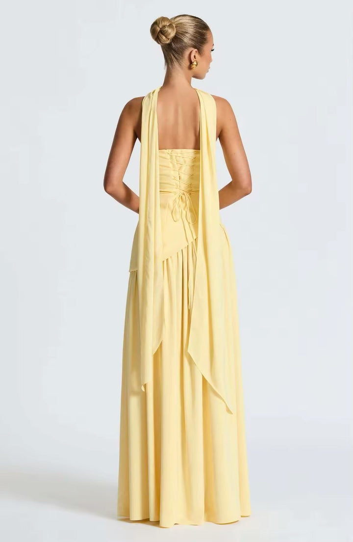 Maxi Strapless Dress with Back Tie, Chiffon Skirt, Slit, and Matching Scarf - Zora