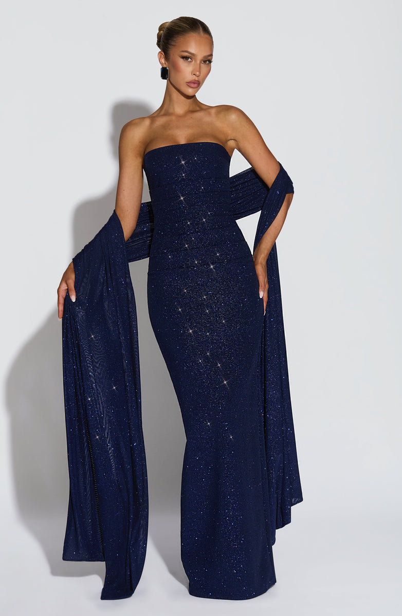 Maxi strapless sequin dress decorated with matching scarf - Miamor