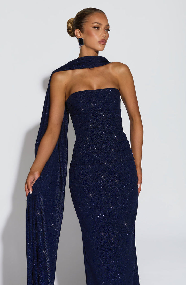 Maxi strapless sequin dress decorated with matching scarf - Miamor