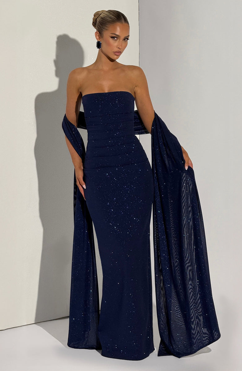 Maxi strapless sequin dress decorated with matching scarf - Miamor