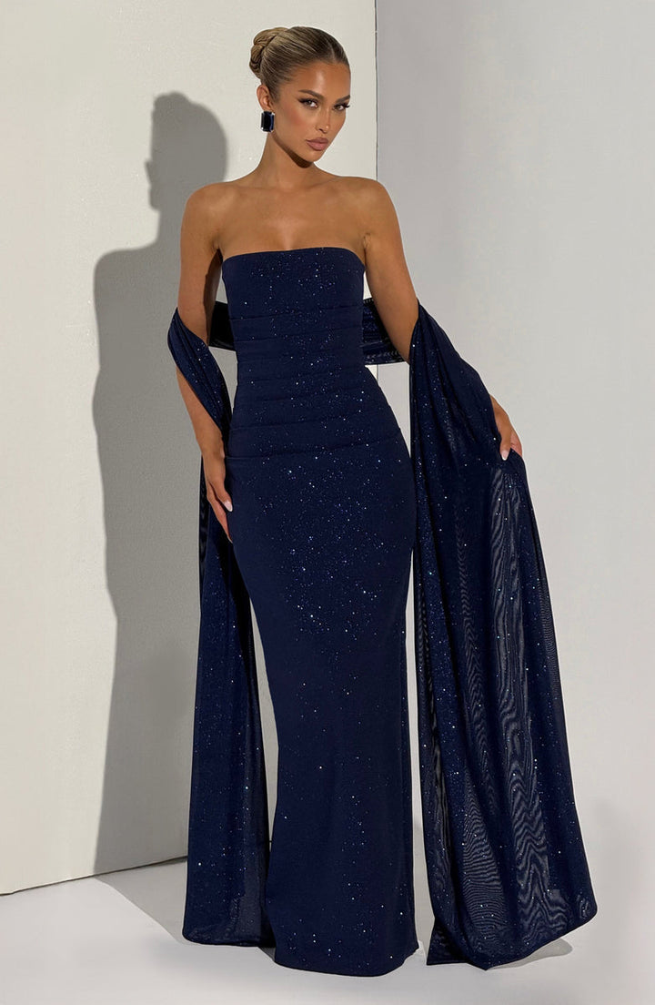 Maxi strapless sequin dress decorated with matching scarf - Miamor
