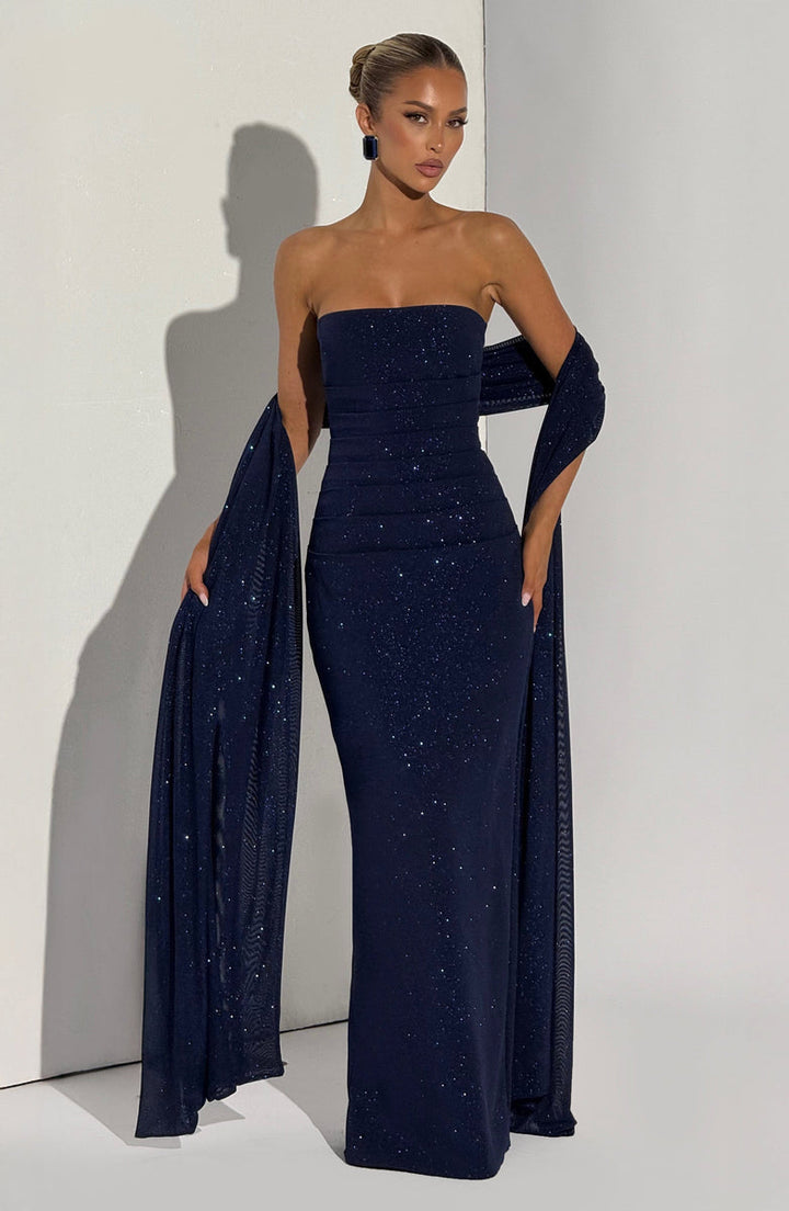 Maxi strapless sequin dress decorated with matching scarf - Miamor