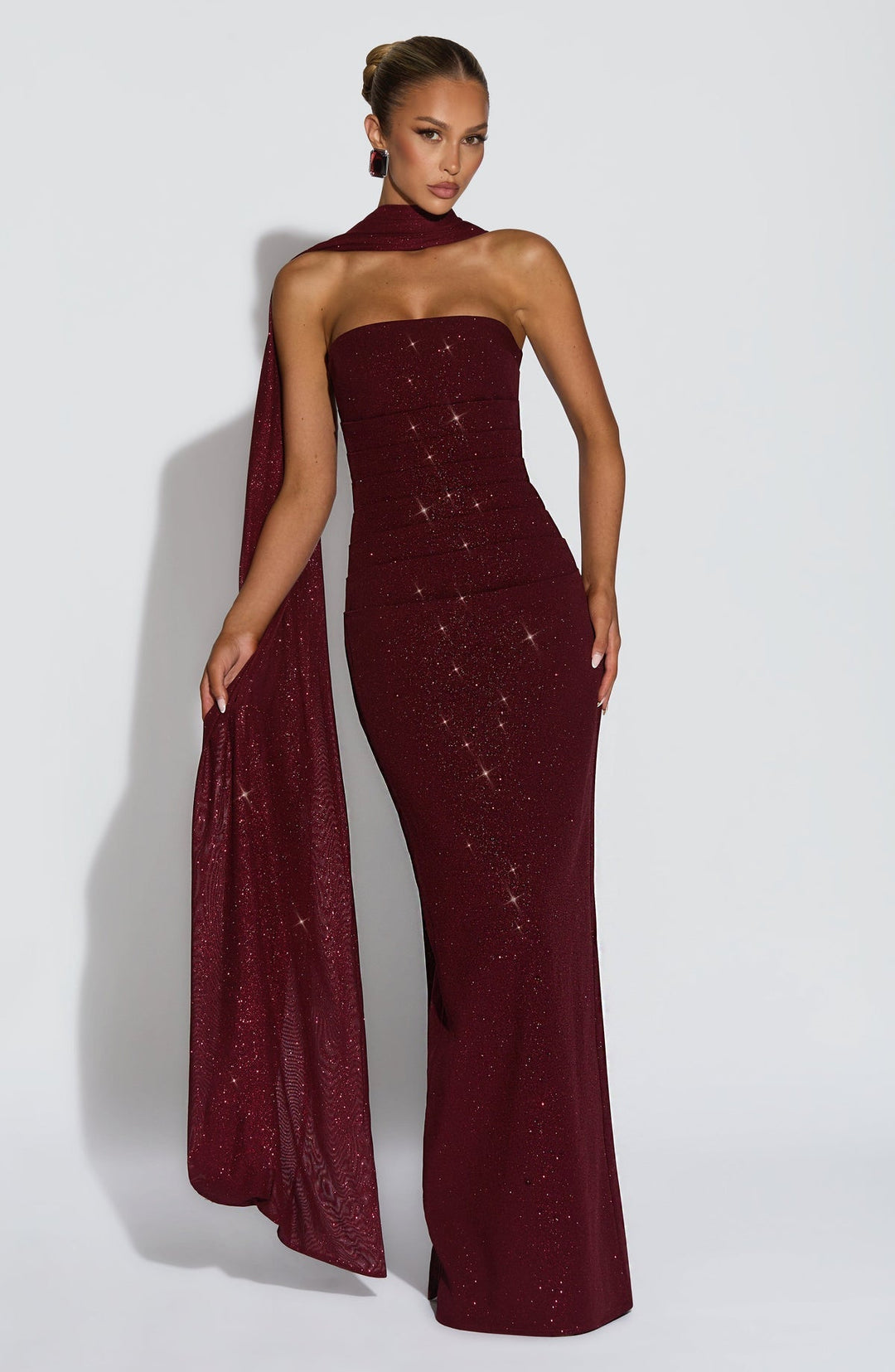 Maxi strapless sequin dress decorated with matching scarf - Miamor