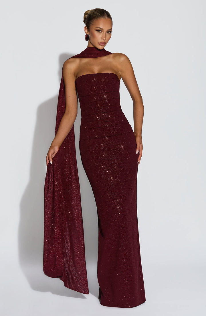 Maxi strapless sequin dress decorated with matching scarf - Miamor