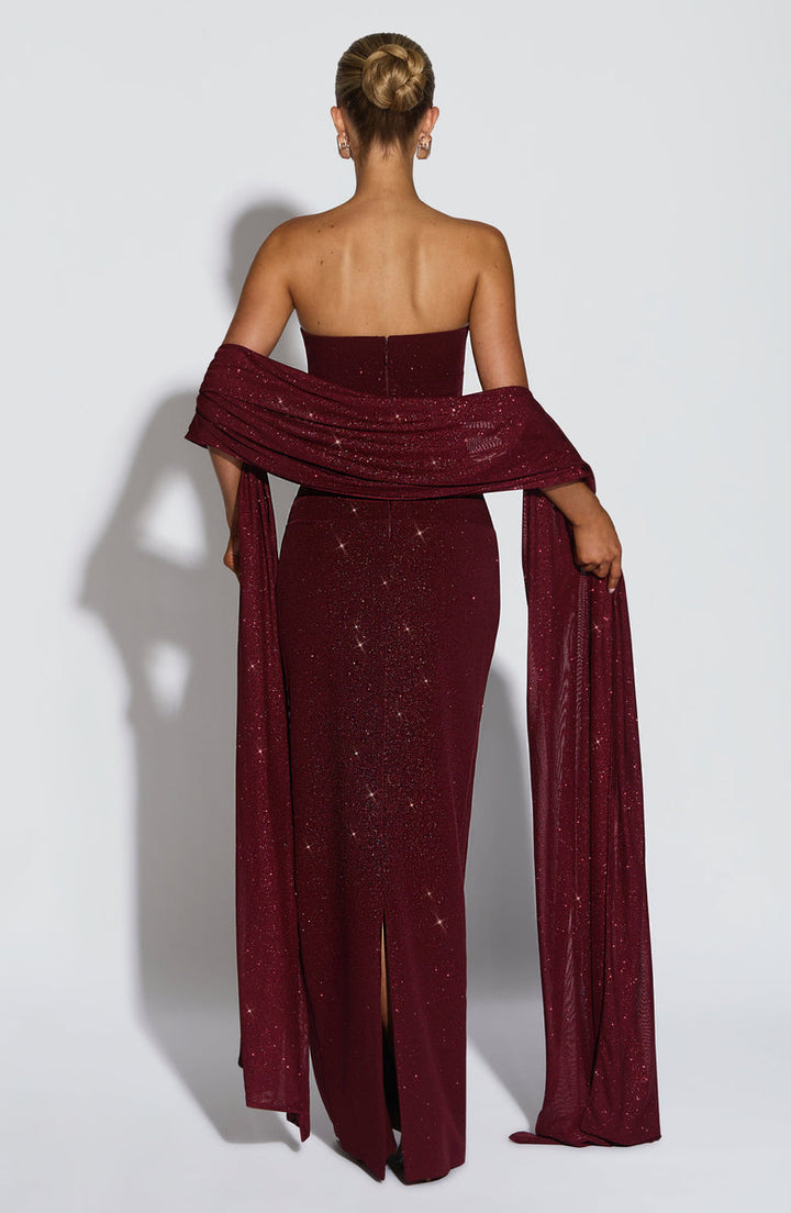 Maxi strapless sequin dress decorated with matching scarf - Miamor