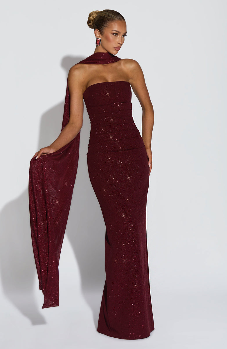 Maxi strapless sequin dress decorated with matching scarf - Miamor
