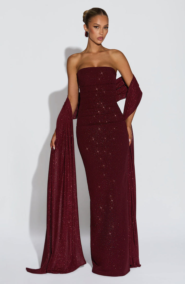 Maxi strapless sequin dress decorated with matching scarf - Miamor