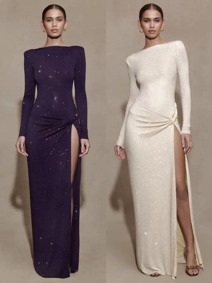 שמלת מקסי בעיצוב זרקונים מנצנצים ושסע - DELOR