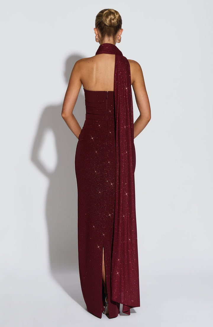 Maxi strapless sequin dress decorated with matching scarf - Miamor
