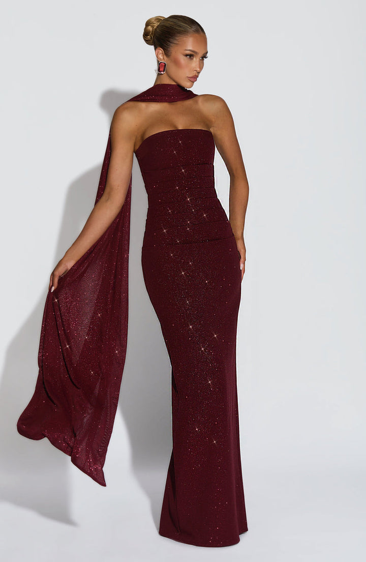Maxi strapless sequin dress decorated with matching scarf - Miamor