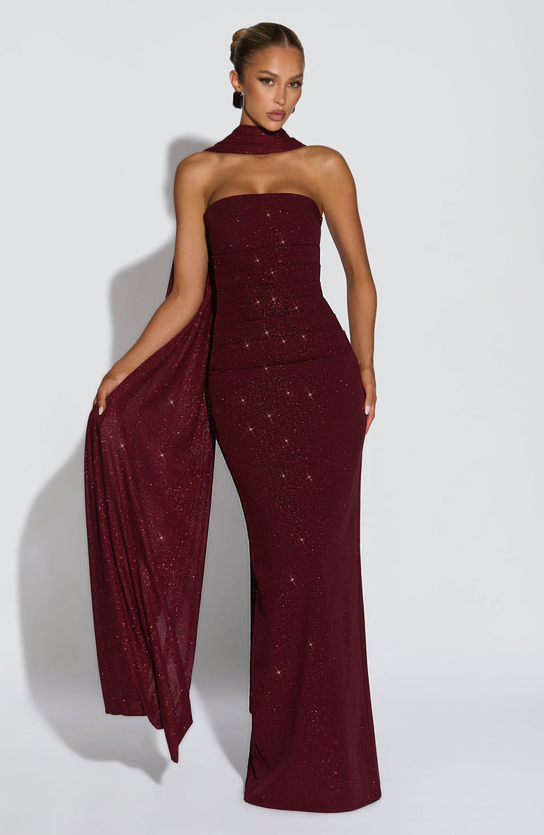 Maxi strapless sequin dress decorated with matching scarf - Miamor