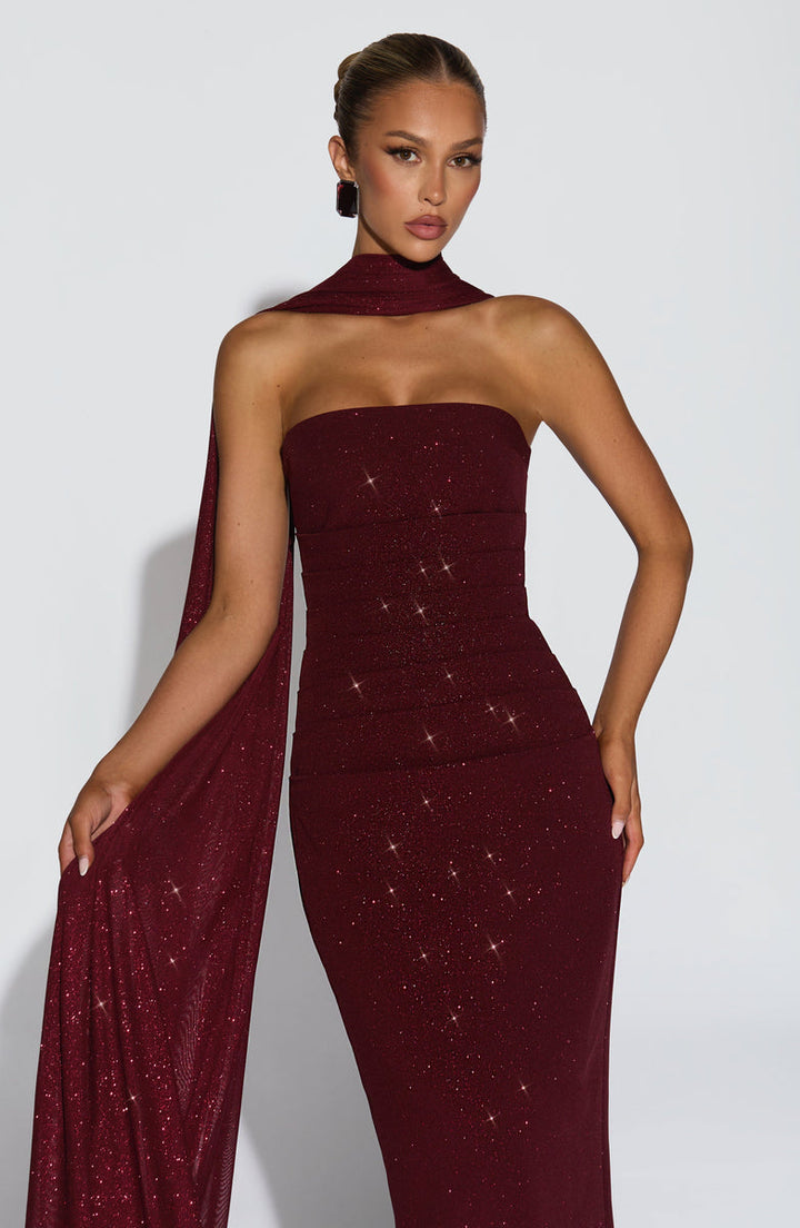 Maxi strapless sequin dress decorated with matching scarf - Miamor