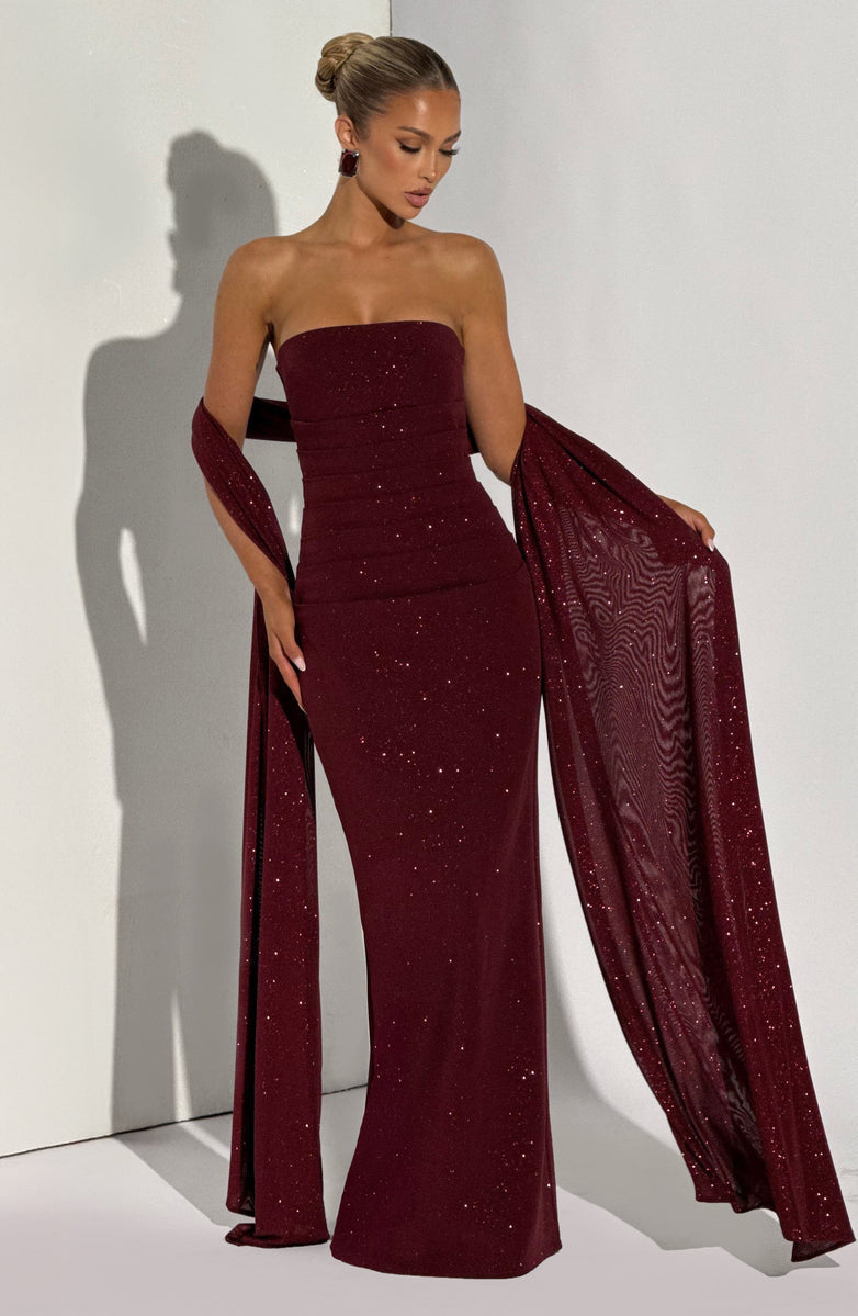 Maxi strapless sequin dress decorated with matching scarf - Miamor