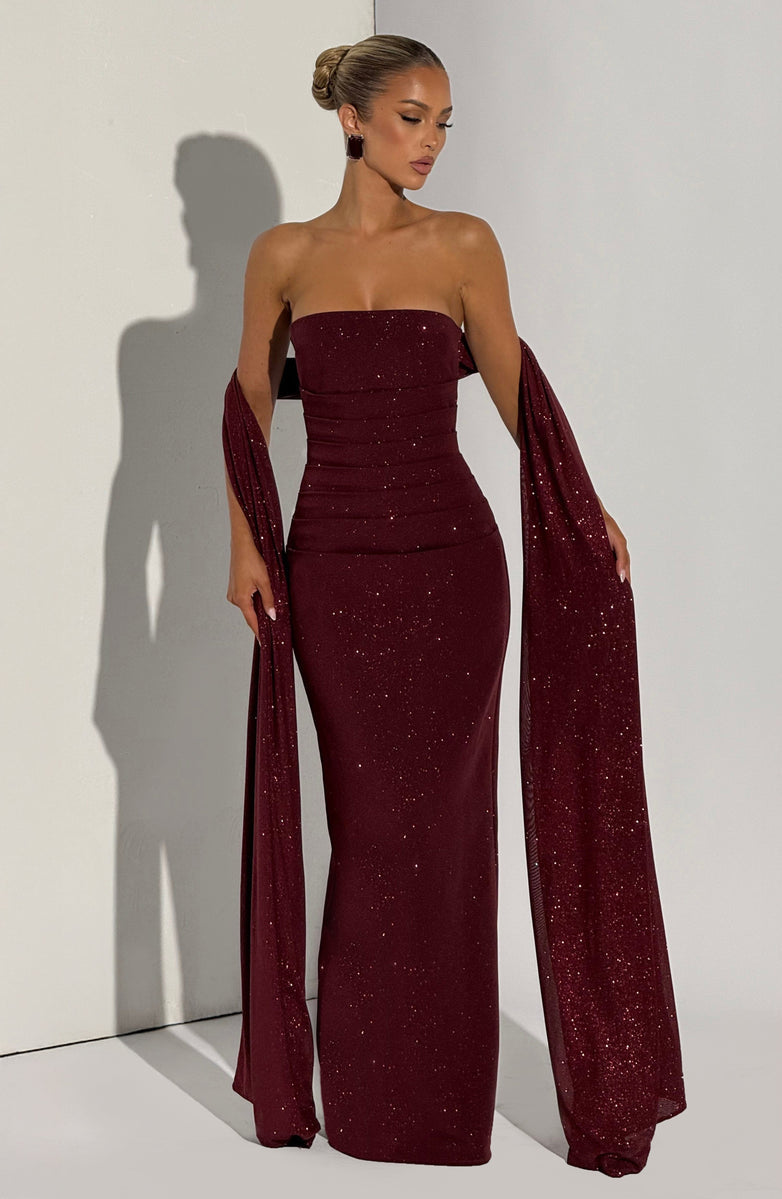 Maxi strapless sequin dress decorated with matching scarf - Miamor